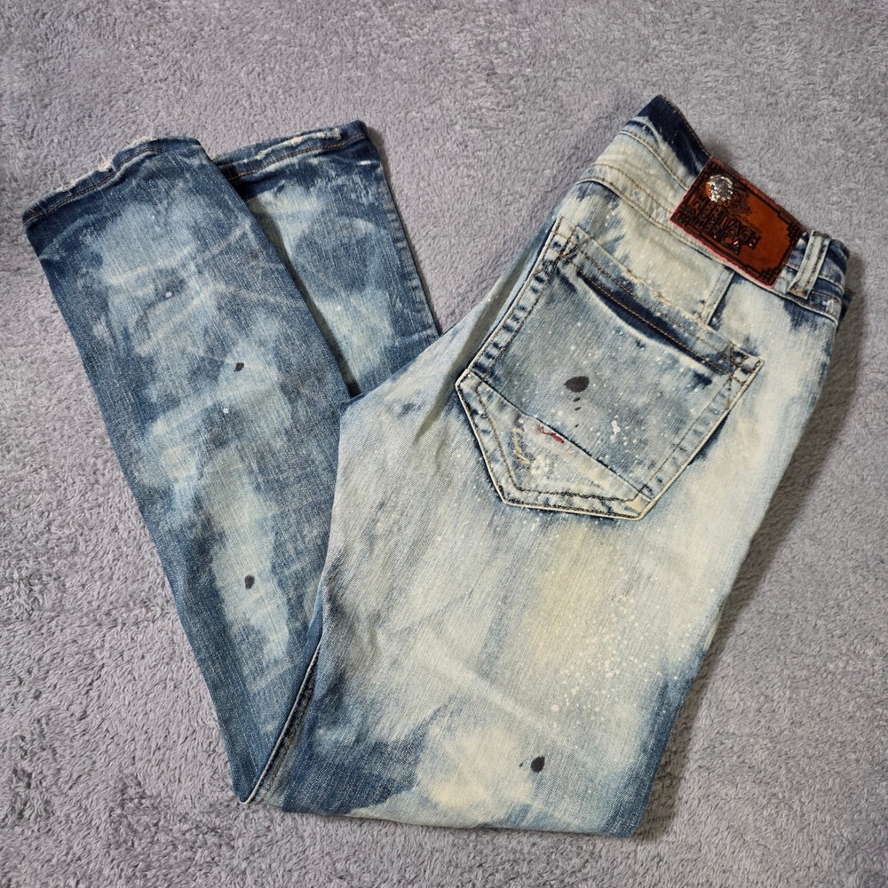 Heritage America Mens 38x34 Slim Jeans Blue Acid Wash Paint Splatter Distressed